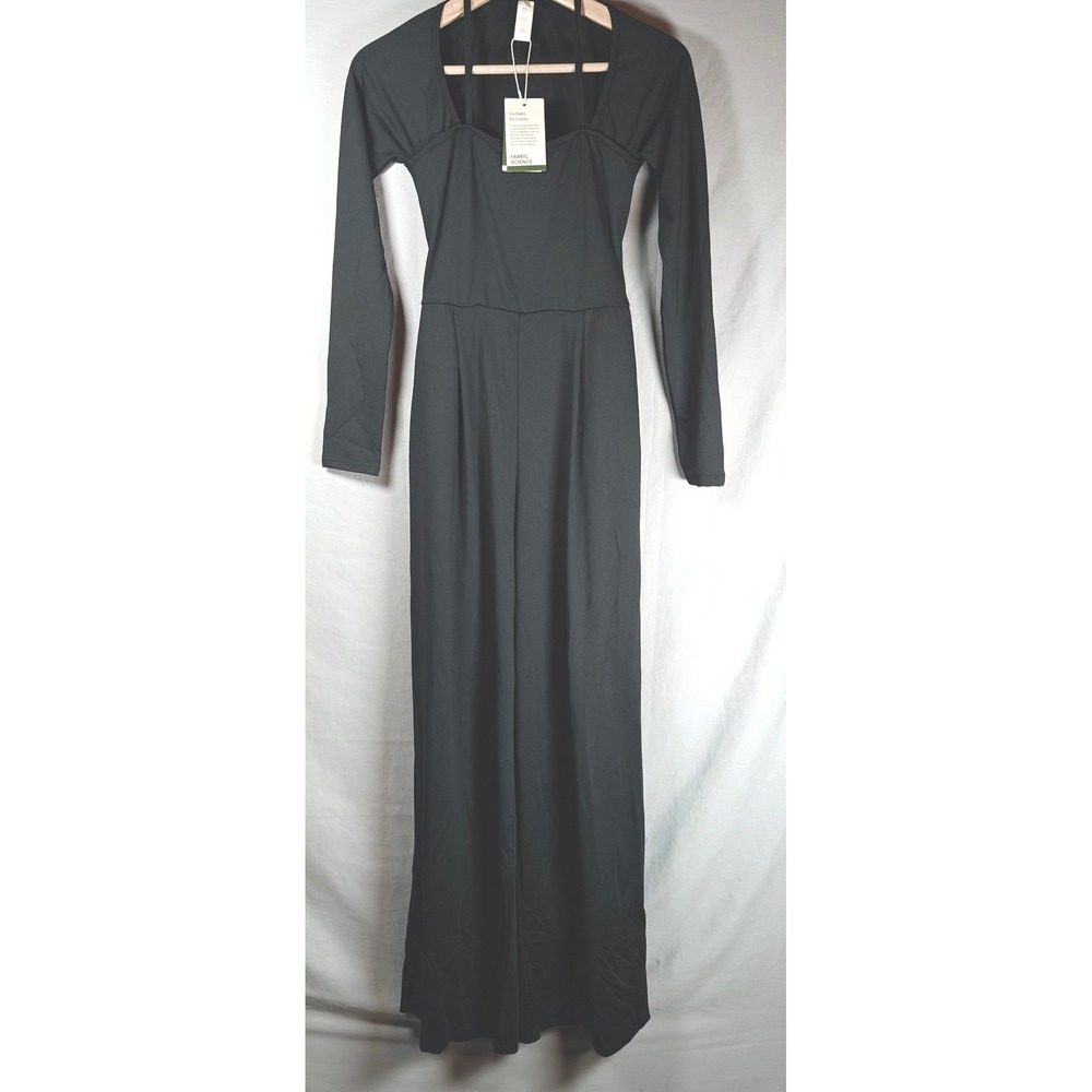 Halara Black Long Sleeve Wide Leg Jumpsuit Back Cutout Fabric Science XS NEW‎